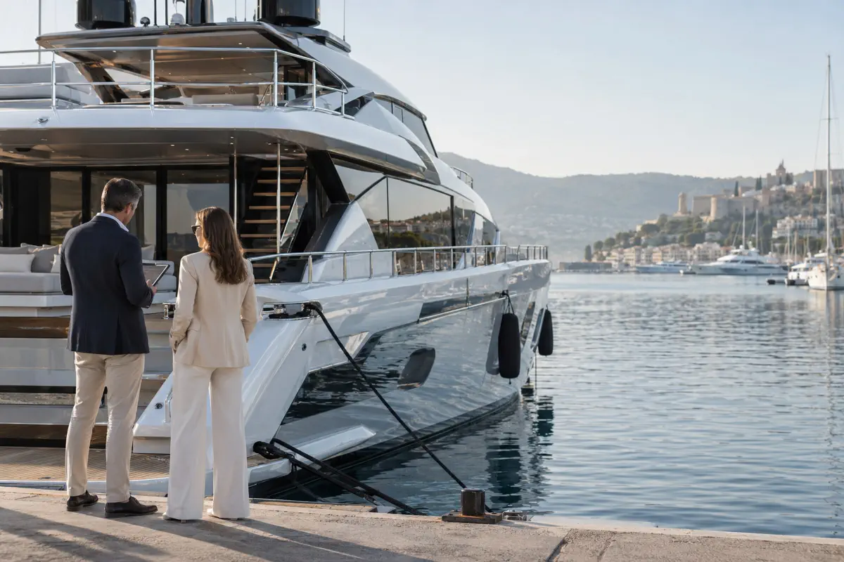 Broker and client reviewing a motor yacht in a Mediterranean marina